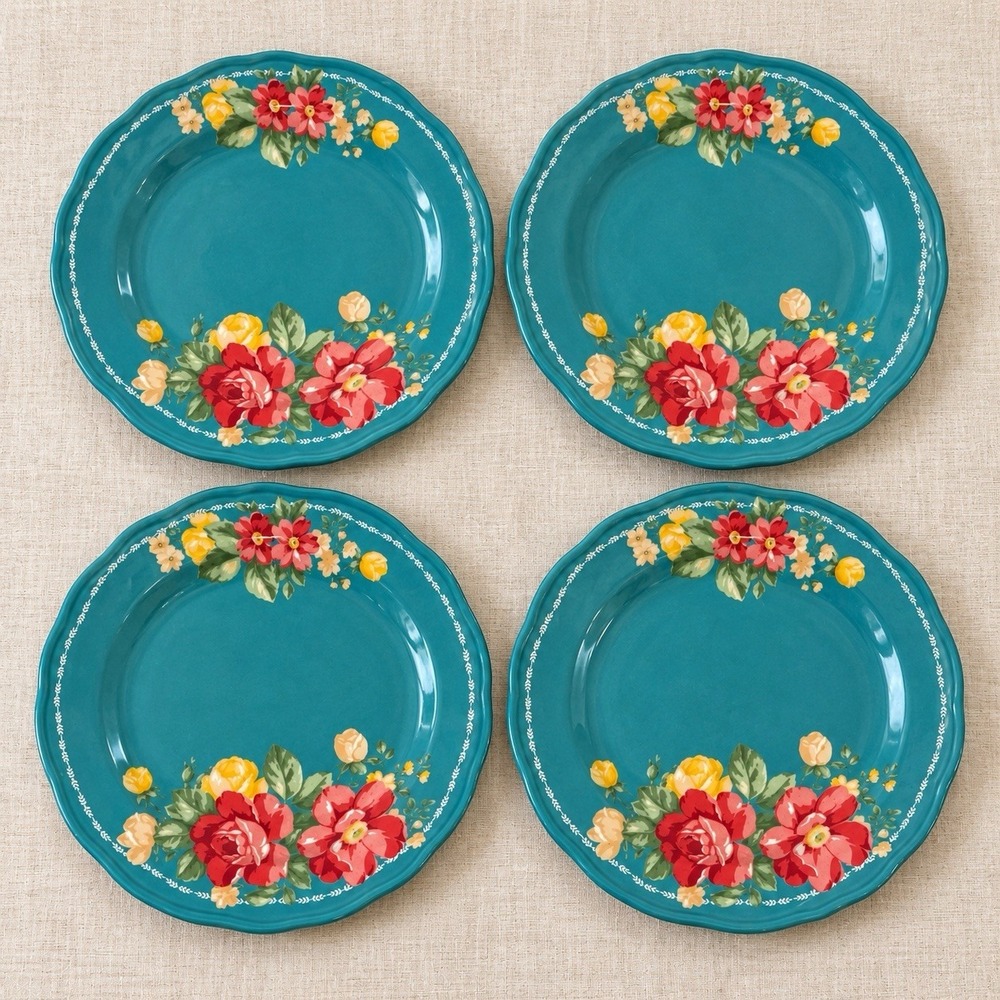 The Pioneer Woman Floral Salad Plates Teal Trim Stoneware Set of 4